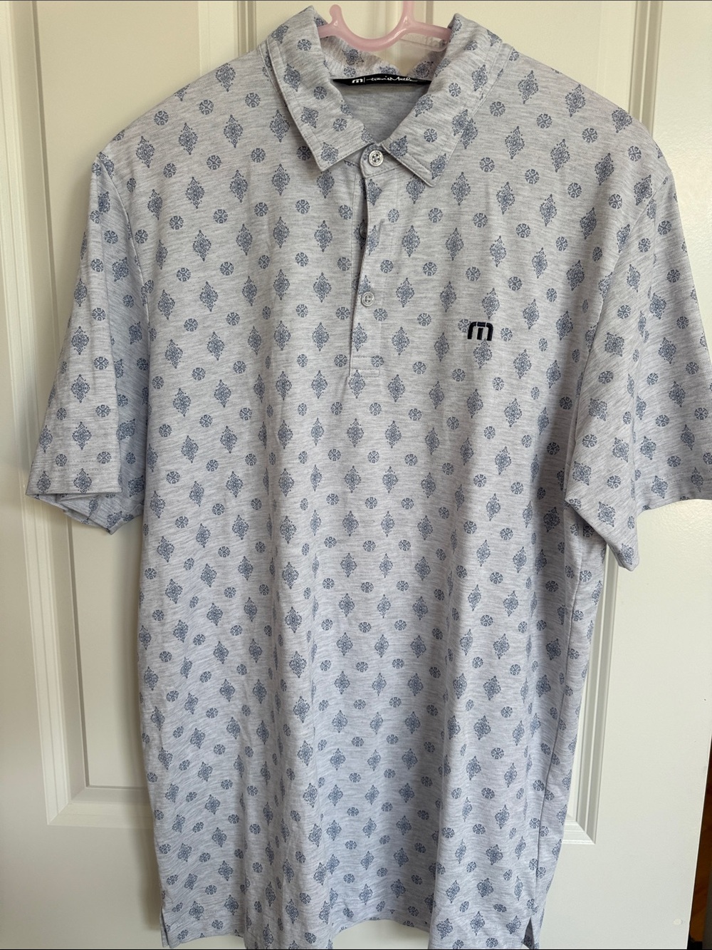 TravisMathew Men’s Light Gray Polo with Blue Micro Motif